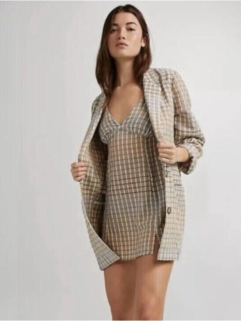 Free People Plaid Mini Slip Dress in Beige and Cream